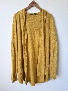 Tahari Sweater Womens 3X Plus Mustard Yellow Linen Hooded Open Front Cardigan